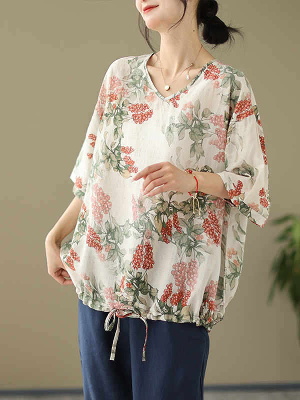 Short Linen Drawstring - Kaos Katun Linen Motif Cetak Longgar