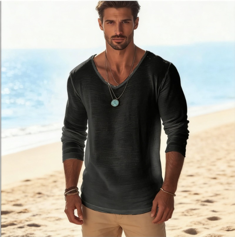 Linen Shirt Breathable - Kaos Lengan Panjang Pria Kasual V-Neck